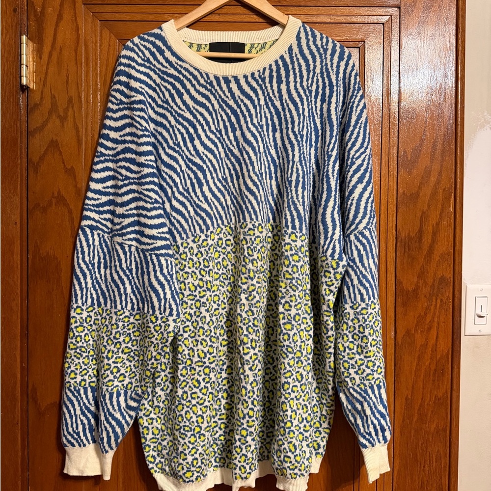 Spirit Jersey Blue & Lime Animal-Print Knit Sweater